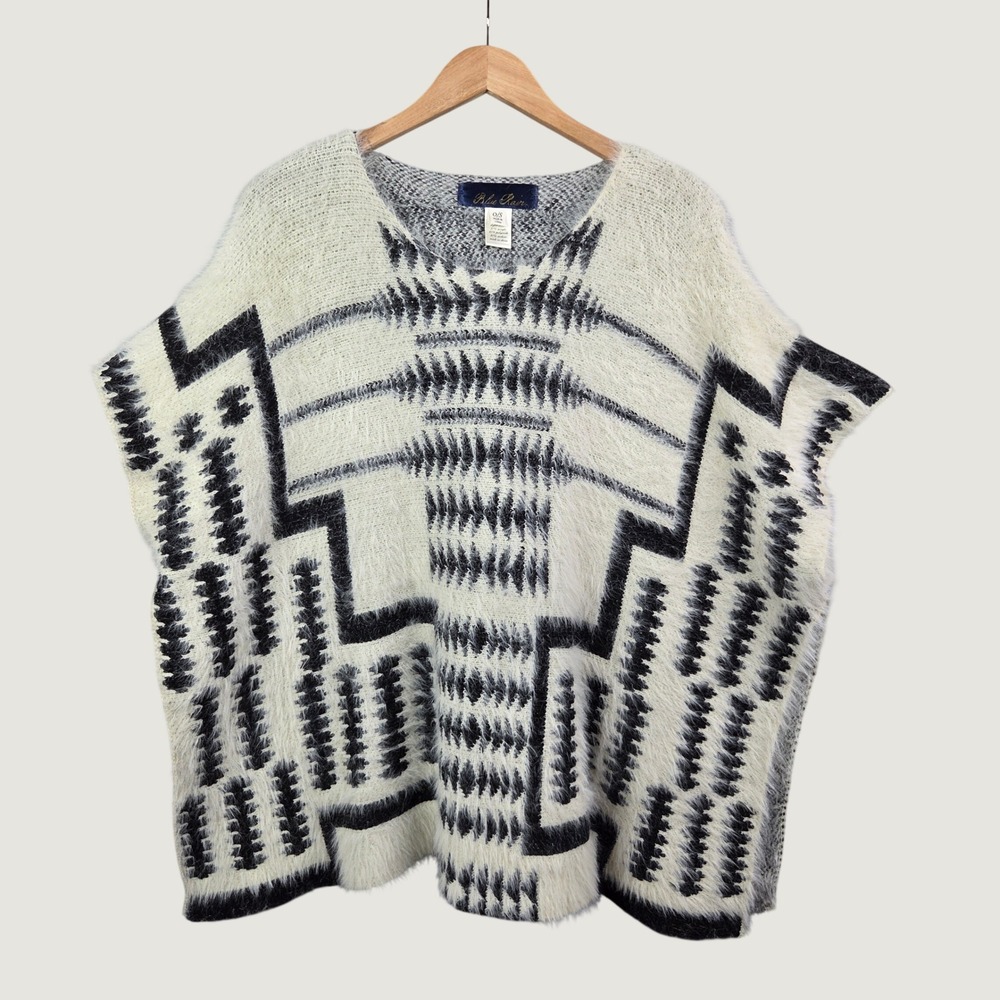 Blue Rain Poncho Sweater Womens OS Mohair Blend Cream Black Geometric Boho Cozy